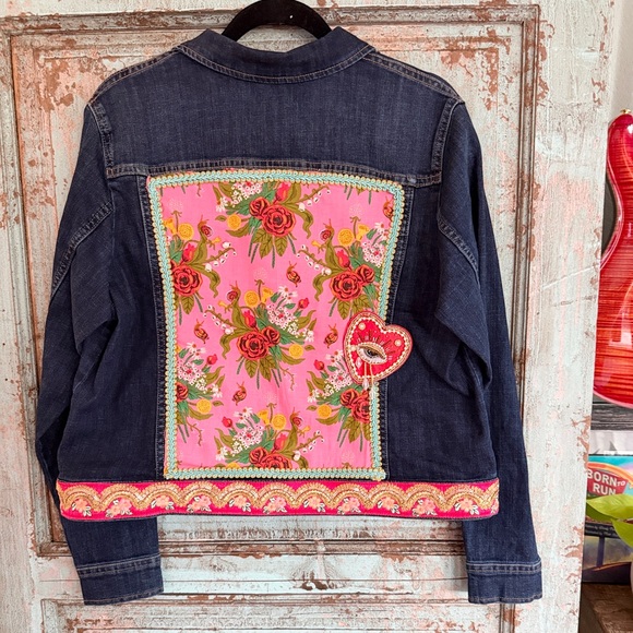 One-of-a-Kind Boho Denim Fitted Jacket – Hand-Embellished with Floral Accents - Picture 1 of 17
